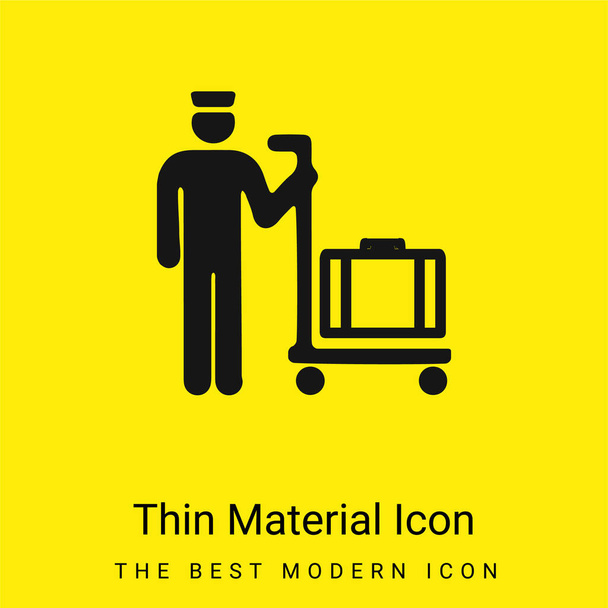 Bagagiste com bagagem em um carrinho de plataforma ícone de material amarelo brilhante mínimo - Vetor, Imagem