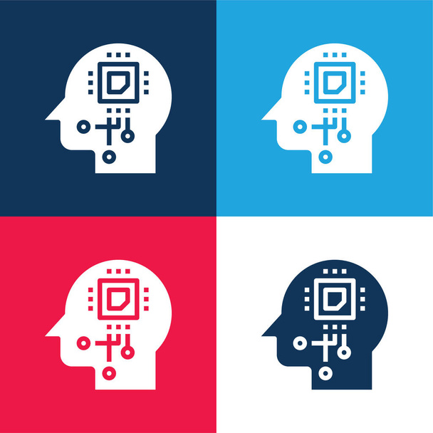 Inteligência artificial azul e vermelho conjunto de ícones mínimos de quatro cores - Vetor, Imagem