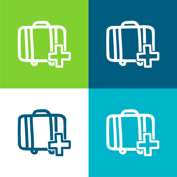 スーツケースハンドドローシンボルフラット4色の最小アイコンセットを追加 - ベクター画像