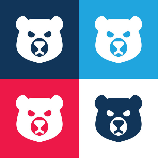Cabeça de urso azul e vermelho conjunto de ícones mínimos de quatro cores - Vetor, Imagem