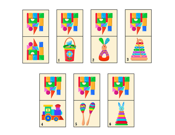 Domino con diferentes juguetes. Juego educativo para niños. Actividad imprimible, juego de mesa. Juguetes para niños. Dibujos animados vectoriales ilustración - Vector, imagen