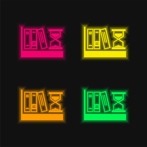 Livres et horloge de sable icône vectorielle néon rayonnante de quatre couleurs - Vecteur, image