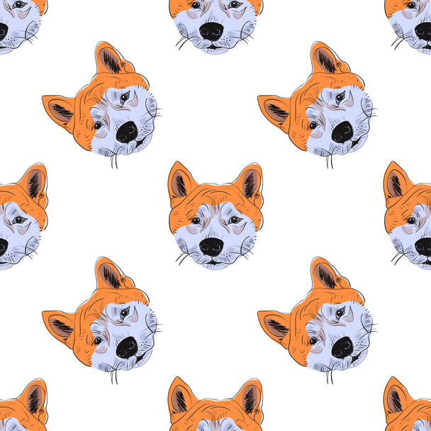 Shiba inu seamless pattern. Hand drawn head dog seamless pattern on white background. Vector - Vector, afbeelding