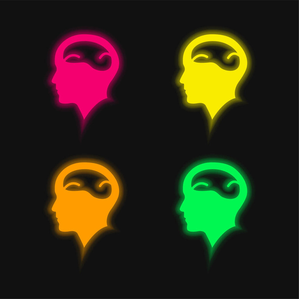 Лысый человек голова с мозгом четыре цвета светящийся неоновый вектор значок - Вектор,изображение