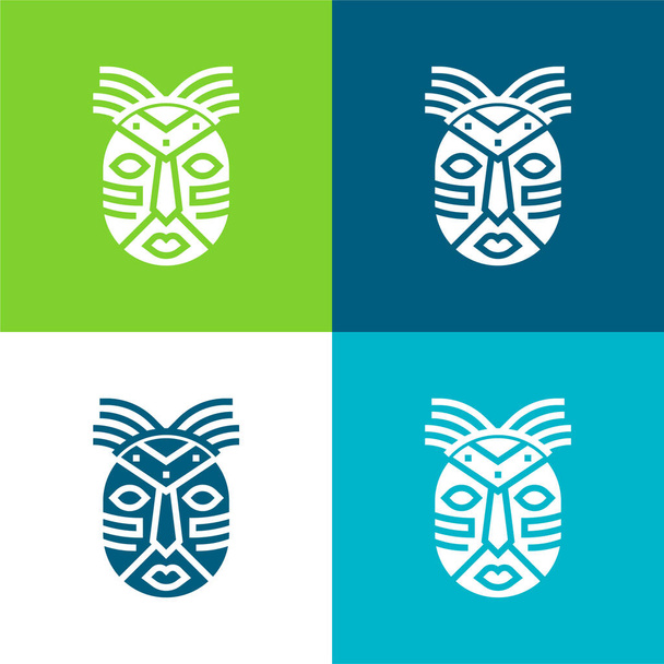 Masque africain Ensemble d'icônes minimal plat quatre couleurs - Vecteur, image