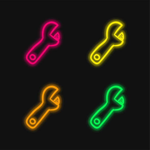 Adjustable Spanner Hand Drawn Construction Tool four color glowing neon vector icon - Vector, Image