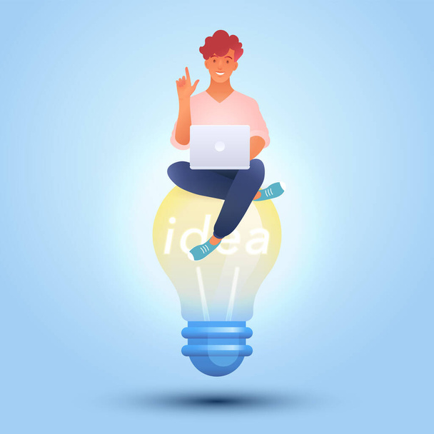 Idea concept vector illustration with man using laptop sitting on glowing and elevating light bulb - Vector, Image