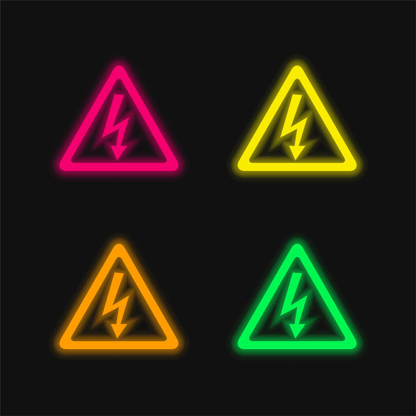 Segnale freccia bullone del rischio di scossa elettrica a forma triangolare quattro colori incandescente icona al neon vettore - Vettoriali, immagini