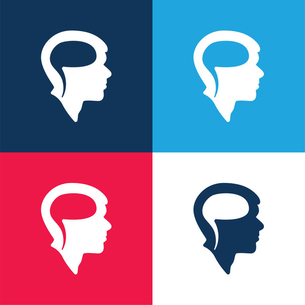 Мозг на голове синий и красный четыре цвета минимальный набор значков - Вектор,изображение