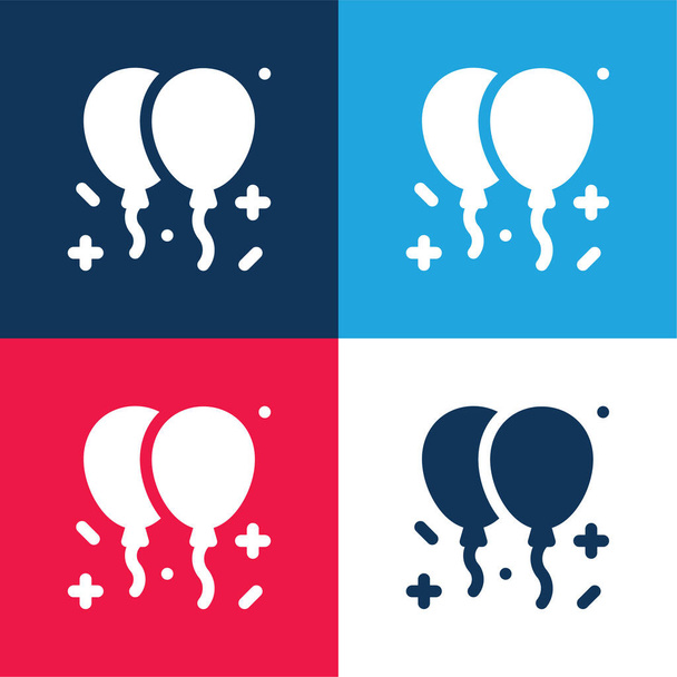 Ballonnen blauw en rood vier kleuren minimale pictogram set - Vector, afbeelding