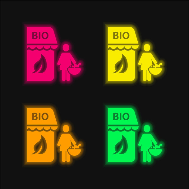 Bio Store négy szín izzó neon vektor ikon - Vektor, kép