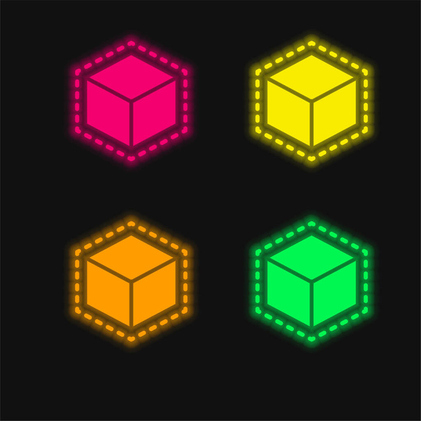 3d Printing Cube four color glowing neon vector icon - Vector, Image
