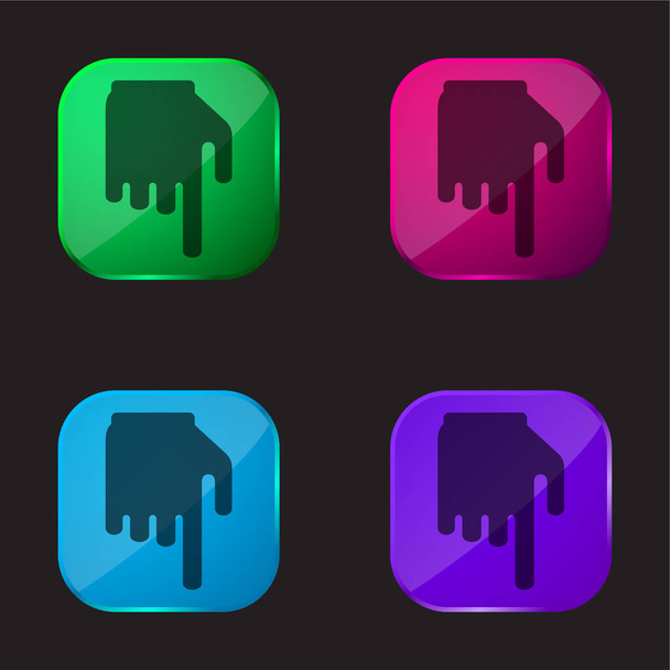 Fekete kéz ujjal lefelé mutató négy színű üveg gomb ikon - Vektor, kép