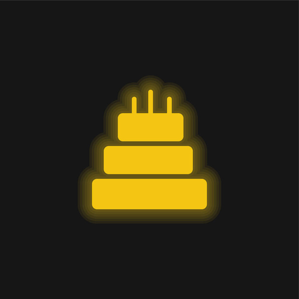 3つのケーキの誕生日ケーキ黄色の輝くネオンアイコン - ベクター画像