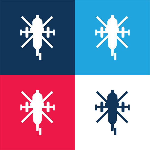 Helicóptero del Ejército Vista inferior azul y rojo conjunto de iconos mínimo de cuatro colores - Vector, Imagen