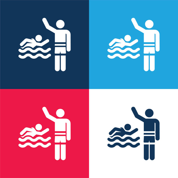 Playa azul y rojo conjunto de iconos mínimo de cuatro colores - Vector, imagen