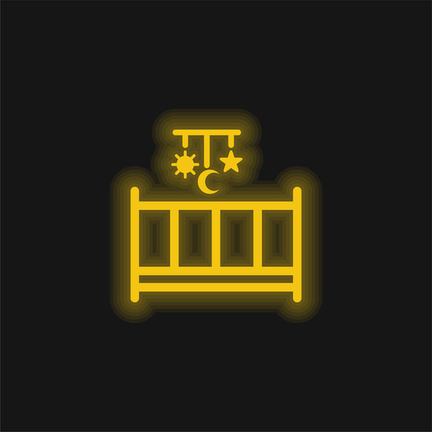 Babaágy egy mobil játék lógó formák Sun Moon és csillag sárga izzó neon ikon - Vektor, kép