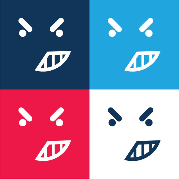 Colère sur le visage émoticône de contour carré arrondi bleu et rouge ensemble d'icône minimale de quatre couleurs - Vecteur, image