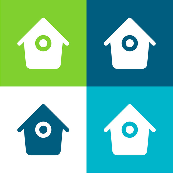 Casa de pájaro con pequeño agujero redondo plano de cuatro colores mínimo icono conjunto - Vector, imagen