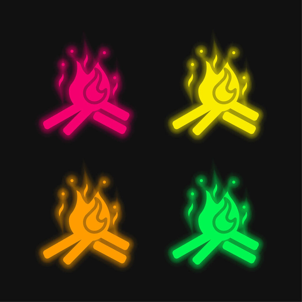 Lagerfeuer vier Farben leuchtenden Neon-Vektor-Symbol - Vektor, Bild