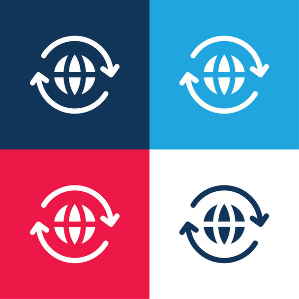 Rond de wereld blauw en rood vier kleuren minimale pictogram set - Vector, afbeelding