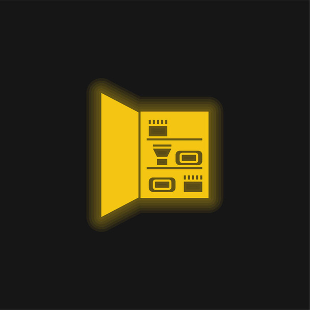 Badkamer kast met persoonlijke verzorging Objecten geel gloeiende neon pictogram - Vector, afbeelding