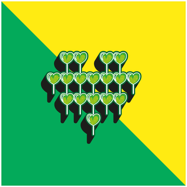 Привлекательный сердечный шар с воздушными шарами с несколькими сердцами Зеленый и желтый современный 3D логотип векторной иконки - Вектор,изображение