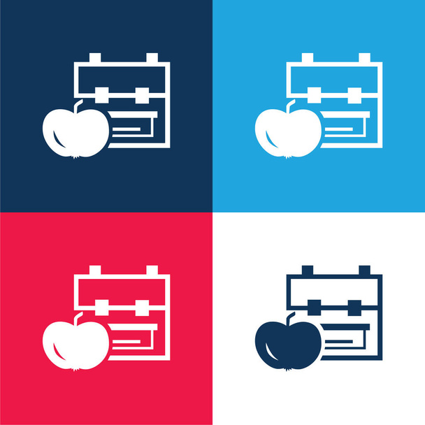 Hátizsák és alma kék és piros négy szín minimális ikon készlet - Vektor, kép