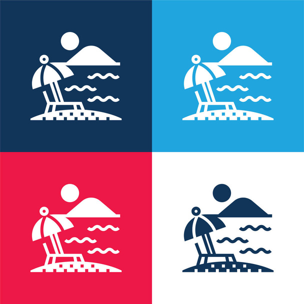 Plaża niebieski i czerwony zestaw czterech kolorów minimalny zestaw ikon - Wektor, obraz