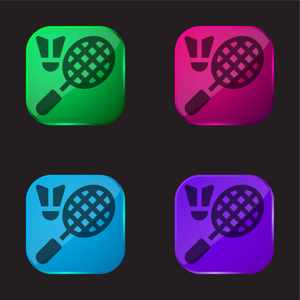 Badminton čtyři barevné skleněné tlačítko ikona - Vektor, obrázek