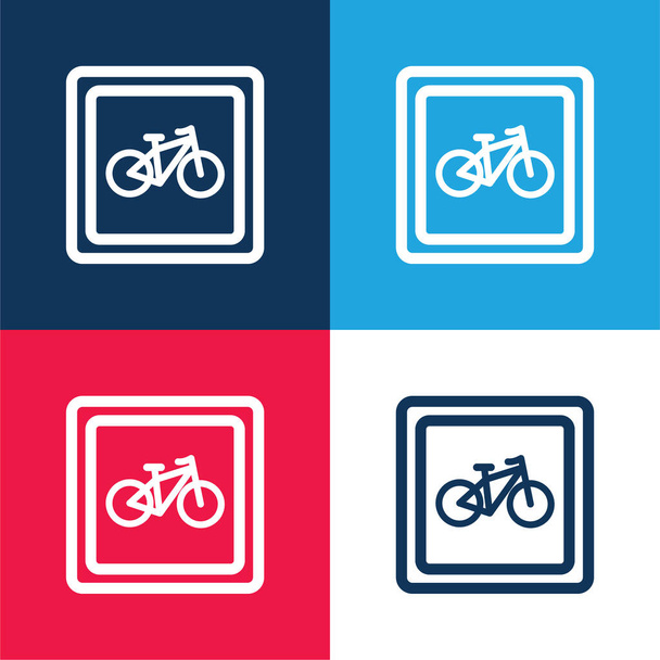 Parking dla rowerów Sygnał niebieski i czerwony zestaw czterech kolorów minimalny zestaw ikon - Wektor, obraz