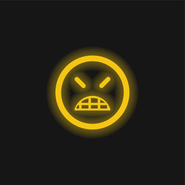 Emoticon irritado cara quadrada com olhos fechados ícone de néon brilhante amarelo - Vetor, Imagem