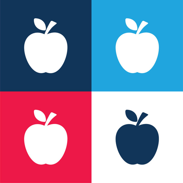 Silueta negra manzana con una hoja azul y rojo conjunto de iconos mínimo de cuatro colores - Vector, Imagen