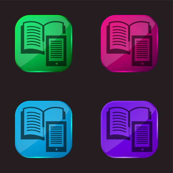 Libro e Ipad icono de botón de cristal de cuatro colores - Vector, imagen