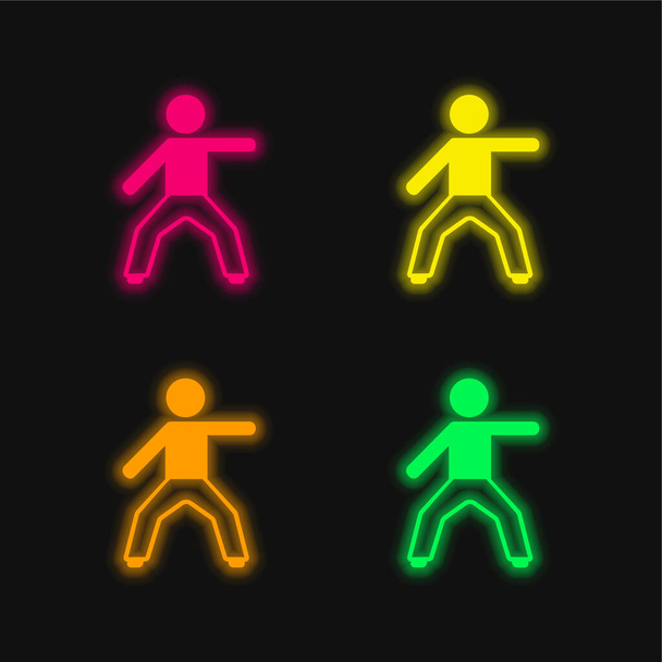 Boy Stretching Left Arm four color glowing neon vector icon - Vector, Image