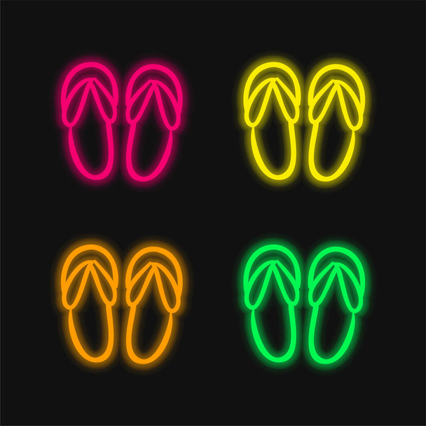 Sandali da spiaggia disegnati a mano Outline quattro colori luminosi icona al neon vettore - Vettoriali, immagini