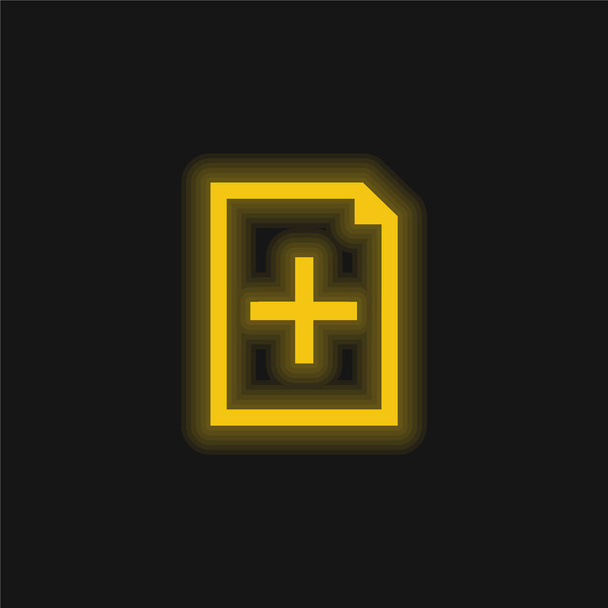 ドキュメントインターフェイスシンボルの追加黄色の光るネオンアイコン - ベクター画像