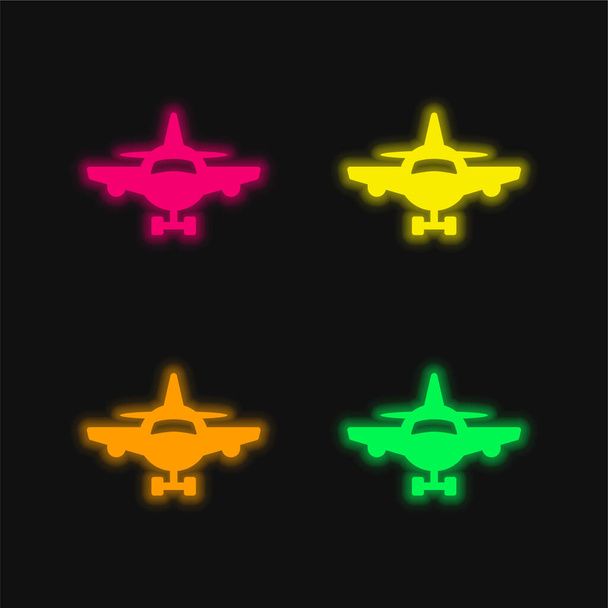 Airplane Frontal View four color glowing neon vector icon - Vector, Image