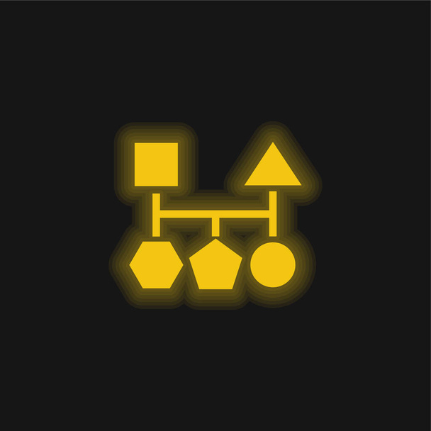 Esquema dos blocos de cinco formas pretas básicas geométricas ícone de néon brilhante amarelo - Vetor, Imagem