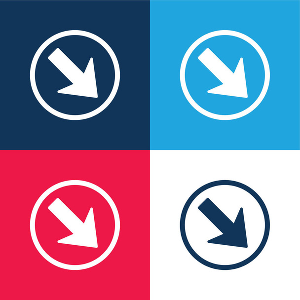 Flecha apuntando hacia abajo a la derecha en un círculo azul y rojo conjunto de iconos mínimos de cuatro colores - Vector, imagen