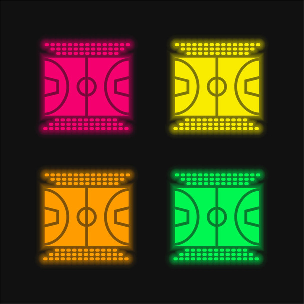 Terrain de basket quatre couleurs brillant icône vectorielle néon - Vecteur, image