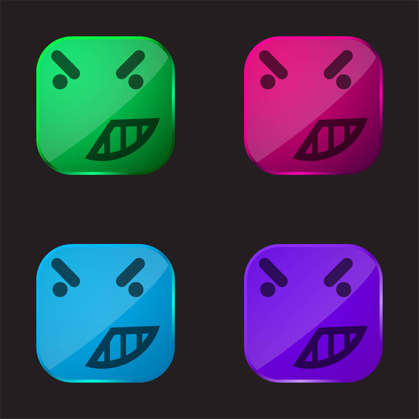 Angry On Emoticon Обличчя округлої квадратної контури чотири кольорові скляні кнопки
 - Вектор, зображення