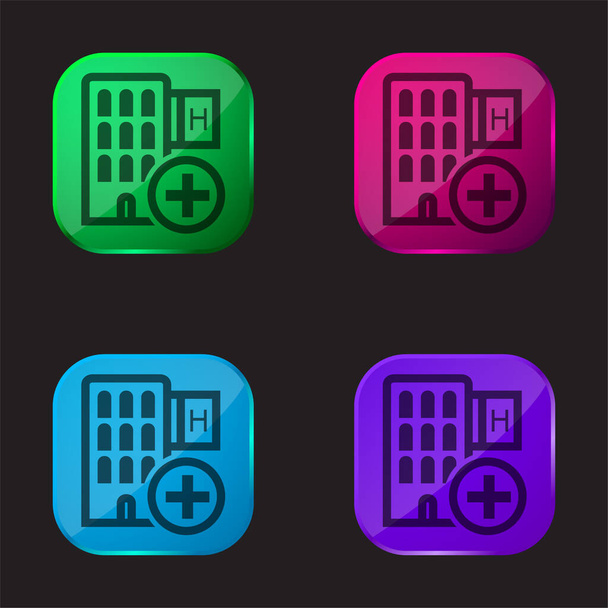 Προσθήκη συμβόλου ξενοδοχείου τέσσερις χρώμα γυαλί εικονίδιο κουμπί - Διάνυσμα, εικόνα