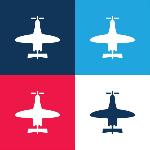 Vliegtuig van kleine grootte Top View blauw en rood vier kleuren minimale pictogram set - Vector, afbeelding