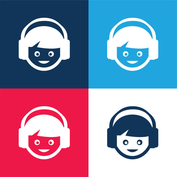 Garçon avec casque bleu et rouge quatre couleurs minimum icône ensemble - Vecteur, image