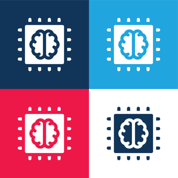 Искусственный интеллект синий и красный четыре цвета минимальный набор значков - Вектор,изображение