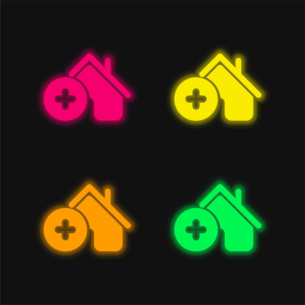 Añadir House cuatro color brillante icono de vectores de neón - Vector, imagen