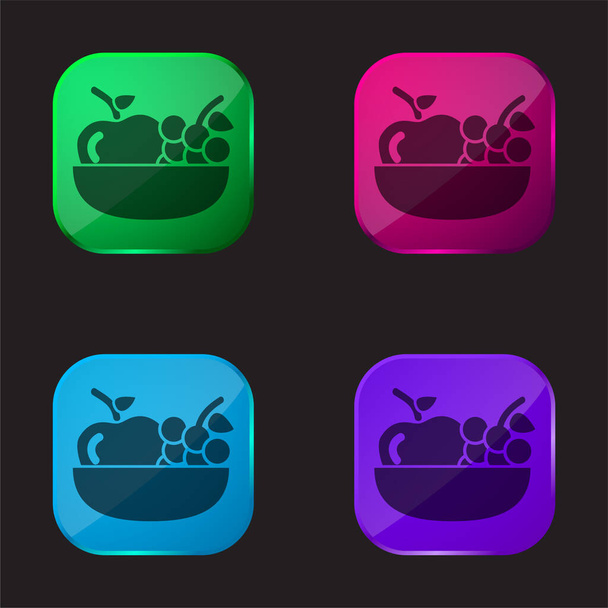 Apple And Grapes On A Bowl four color glass button icon - Vector, Image