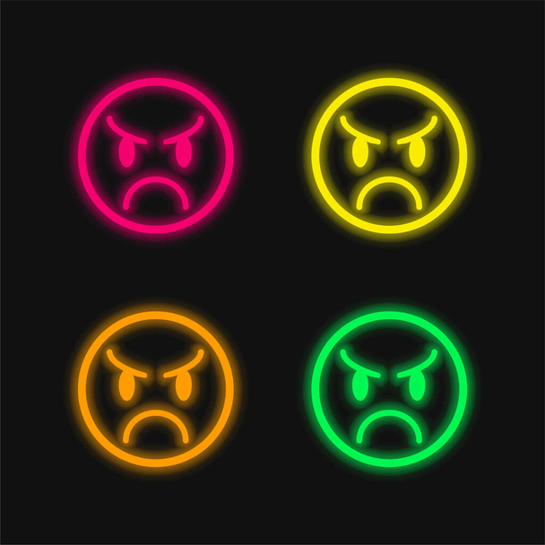 Emoticono enojado cara de cuatro colores brillante icono de vectores de neón - Vector, Imagen