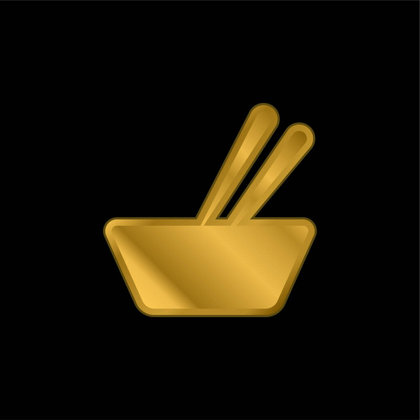 Tazón y palillos chapado en oro icono metálico o vector de logotipo - Vector, imagen